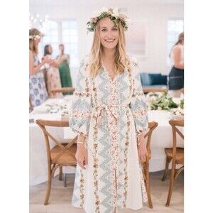 D'Ascoli XS Hand Embroidered Tidewater Dress White/Blue/Roses Floral Cotton/Silk